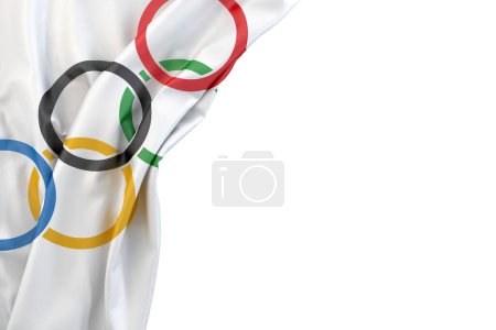 Foto de Bandera olímpica en la esquina sobre fondo blanco. Representación 3D. Aislado - Imagen libre de derechos