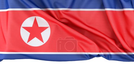 Téléchargez les photos : Drapeau de Corée du Nord isolé sur fond blanc avec espace de copie ci-dessous. rendu 3D - en image libre de droit