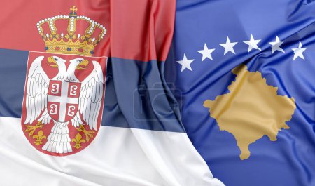 Ruffled Flags of Serbia and Kosovo. 3D Rendering