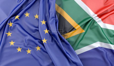 Ruffled Flags of European Union and South Africa. 3D Rendering
