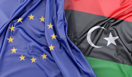 Flaggen der Europäischen Union und Libyens. 3D-Rendering