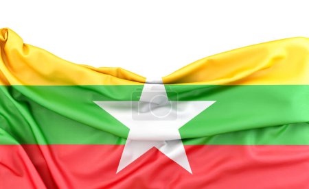 Bandera de Myanmar (Birmania) aislada sobre fondo blanco con espacio de copia arriba. Renderizado 3D