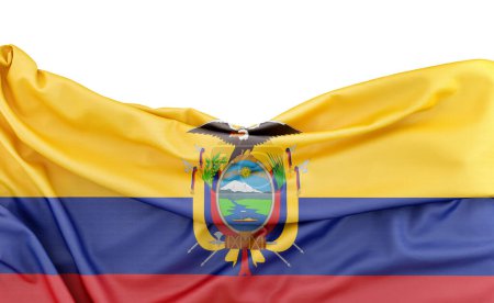 Bandera de Ecuador aislada sobre fondo blanco con espacio de copia arriba. Renderizado 3D