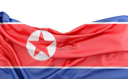Téléchargez les photos : Drapeau de Corée du Nord isolé sur fond blanc avec espace de copie au-dessus. rendu 3D - en image libre de droit