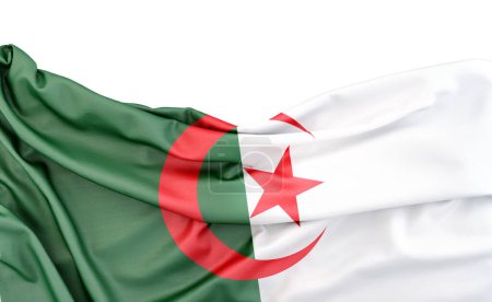 Téléchargez les photos : Drapeau de l'Algérie isolé sur fond blanc avec espace de copie ci-dessus. rendu 3D - en image libre de droit