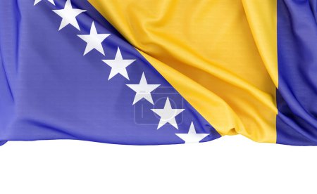 Bandera de Bosnia y Herzegovina aislada sobre fondo blanco con espacio para copias abajo. Renderizado 3D