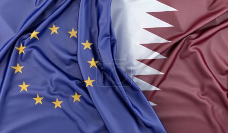 Flaggen der Europäischen Union und Katars. 3D-Rendering