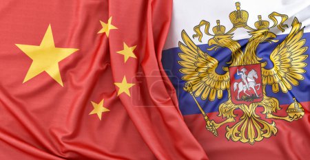 Photo for Flags of China and Russia with Coat of Arms. 3D Rendering - Royalty Free Image