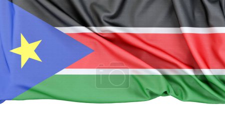 Bandera de Sudán del Sur aislada sobre fondo blanco con espacio para copiar abajo. Renderizado 3D