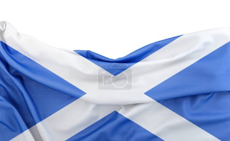 Bandera de Escocia aislada sobre fondo blanco con espacio de copia arriba. Renderizado 3D