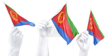 Tres manos aisladas ondeando banderas de Eritrea, simbolizando el orgullo nacional y la unidad