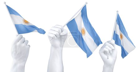 Three isolated hands waving Argentina flags, symbolizing national pride and unity