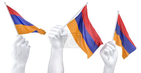 Tres manos aisladas ondeando banderas de Armenia, simbolizando el orgullo nacional y la unidad