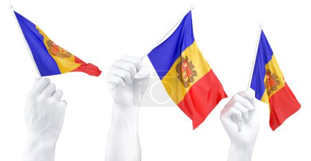 Three isolated hands waving Andorra flags, symbolizing national pride and unity