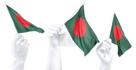 Trois mains isolées agitant des drapeaux du Bangladesh, symbolisant la fierté nationale et l'unité