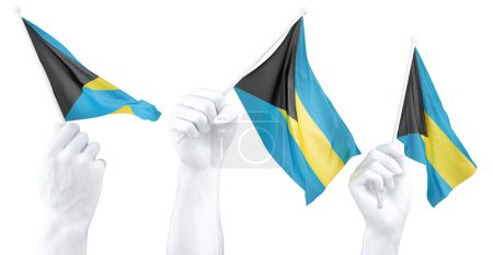 Three isolated hands waving Bahamas flags, symbolizing national pride and unity