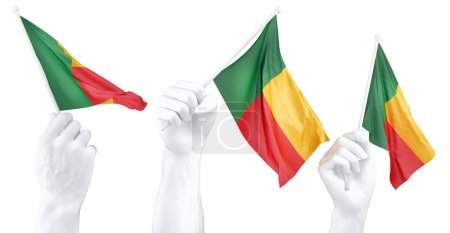 Three isolated hands waving Benin flags, symbolizing national pride and unity