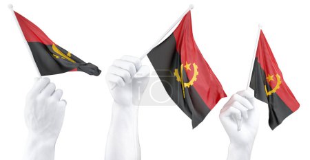 Tres manos aisladas ondeando banderas de Angola, simbolizando el orgullo nacional y la unidad