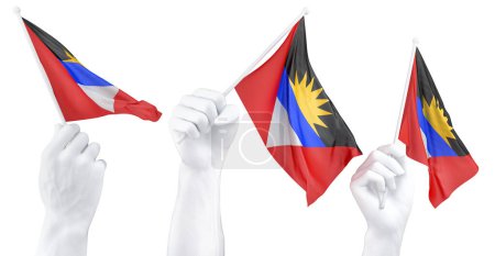 Three isolated hands waving Antigua and Barbuda flags, symbolizing national pride and unity