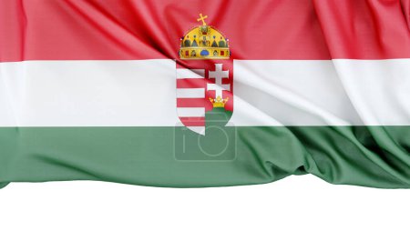 Foto de Bandera de Hungría con escudo de armas aislado sobre fondo blanco con espacio de copia abajo. Renderizado 3D - Imagen libre de derechos