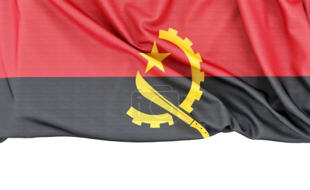 Bandera de Angola aislada sobre fondo blanco con espacio de copia abajo. Renderizado 3D