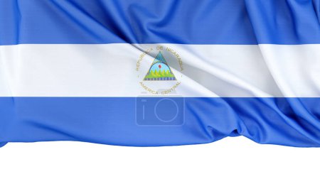Bandera de Nicaragua aislada sobre fondo blanco con espacio de copia abajo. Renderizado 3D