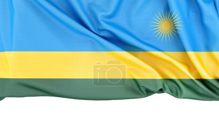 Bandera de Ruanda aislada sobre fondo blanco con espacio de copia a continuación. Renderizado 3D