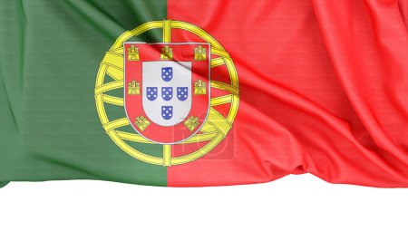 Foto de Bandera de Portugal aislada sobre fondo blanco con espacio de copia abajo. Renderizado 3D - Imagen libre de derechos