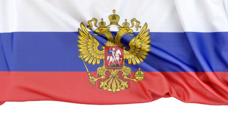 Foto de Bandera de Rusia con Escudo de Armas aislado sobre fondo blanco con espacio de copia abajo. Renderizado 3D - Imagen libre de derechos
