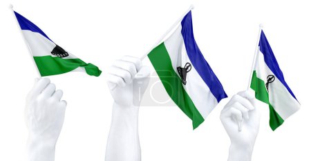 Three isolated hands waving Lesotho flags, symbolizing national pride and unity