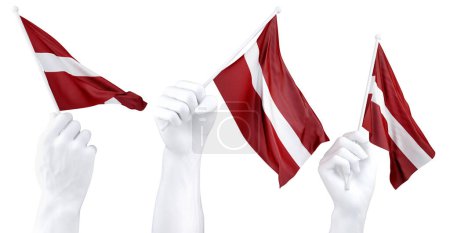 Three isolated hands waving Latvia flags, symbolizing national pride and unity