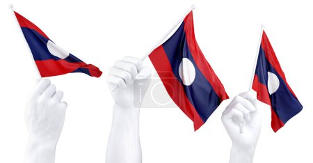 Foto de Tres manos aisladas ondeando banderas de Laos, simbolizando el orgullo nacional y la unidad - Imagen libre de derechos