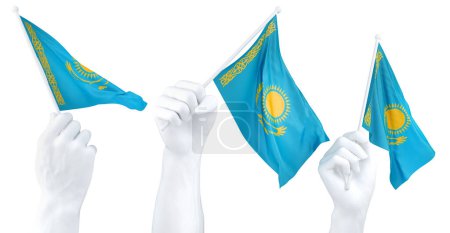 Drei isolierte Hände schwenken kasachische Flaggen, die Nationalstolz und Einheit symbolisieren