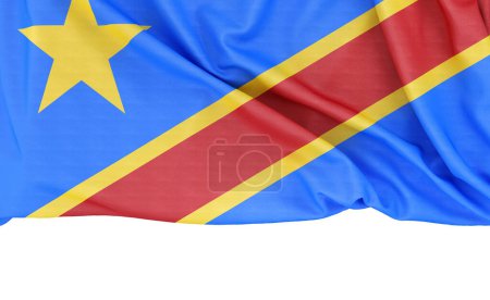 Bandera de la República Democrática del Congo aislada sobre fondo blanco con espacio para copias debajo. Renderizado 3D