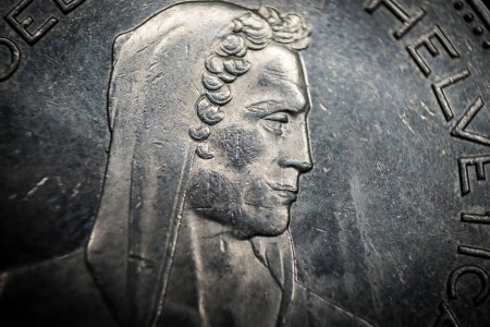 Porträt von Wilhelm Tell aus der 5-Franken-Münze, Schweiz. Makroaufnahme