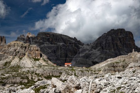Beautiful summer scenery in Tre Cime Di Lavaredo National park. Panoramic summer view of rifugio Locatelli in Dolomiti Alps, South Tyrol, Italy, Europe. Traveling concept background.