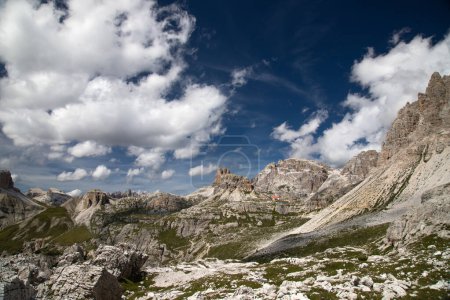 Beautiful summer scenery in Tre Cime Di Lavaredo National park. Panoramic summer view of rifugio Locatelli in Dolomiti Alps, South Tyrol, Italy, Europe. Traveling concept background.