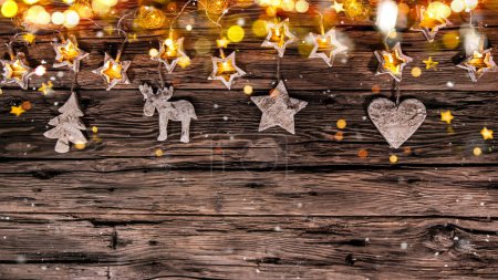 Christmas Still Life with Old Wooden Background and Snowflakes Falling