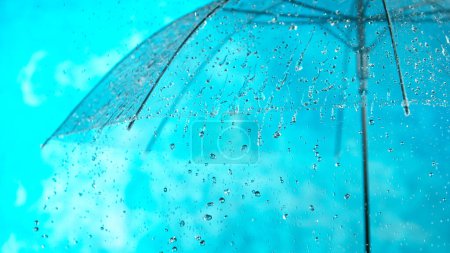 Photo for Rain drops on transparent umbrella, freeze motion - Royalty Free Image