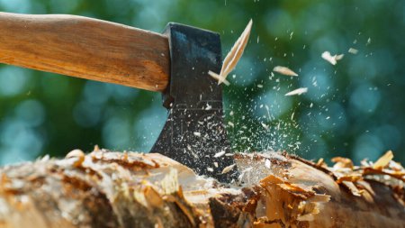 Photo for Man Chopping Wooden Logs with Axe in Forest - Royalty Free Image
