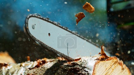 Foto de Congelar el movimiento de una motosierra Cortando el tronco de madera - Imagen libre de derechos