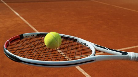 Photo for Bouncing tennis ball on tennis racket, clay court, freeze motion - Royalty Free Image
