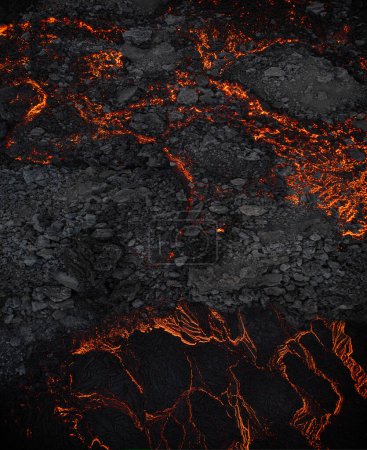 Vista aérea de la textura de un campo de lava solidificante, primer plano