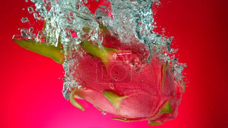Téléchargez les photos : Congeler le mouvement de chute de pitahaya frais dans l'eau - en image libre de droit