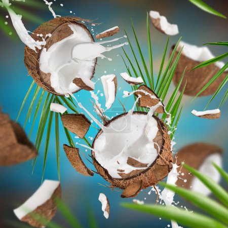 Photo for Flying coconuts with pieces on blue gradient background - Royalty Free Image