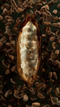Foto de Frutos de cacao con granos de cacao explotando. Vista superior. - Imagen libre de derechos