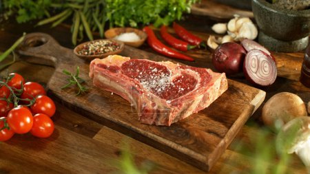 Téléchargez les photos : Vue d'un steak de bœuf cru frais sur une planche de bois placée sur le comptoir de la cuisine. Le concept de préparation de la viande. - en image libre de droit