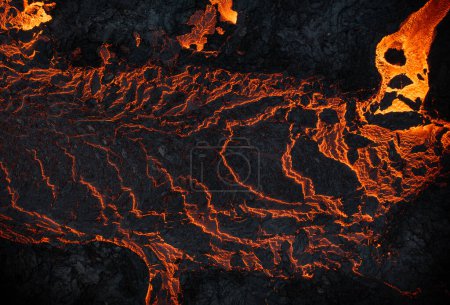 Vue aérienne de la texture d'un champ de lave solidifiant, gros plan