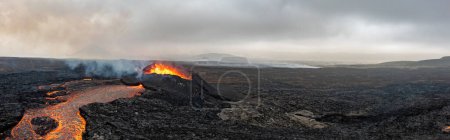 Beautiful aerial panoramatic view of active volcano, Litli - Hrutur, Iceland 2023