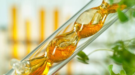 Foto de Obtener aceite esencial de sustancias naturales y flores. El aceite amarillo fluye en una espiral. - Imagen libre de derechos